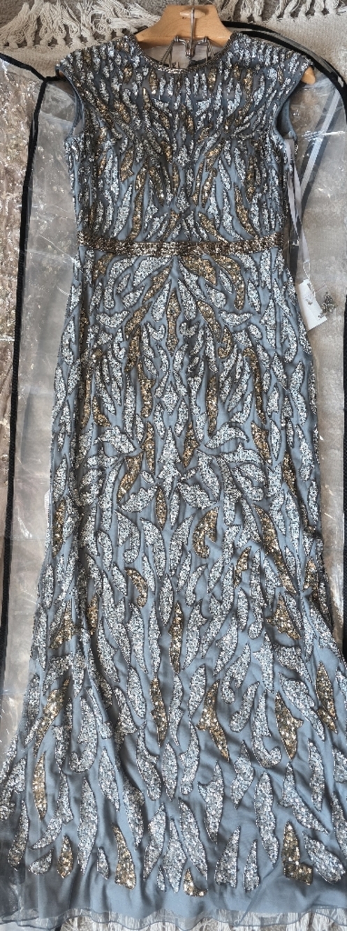 New Mac Duggal Silver-Gray Sequin Embellished Evening Gown with Gold Accents 10 - Picture 3 of 13